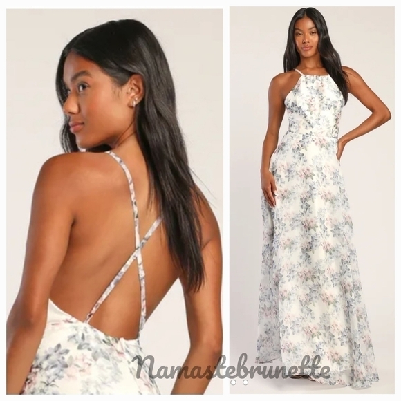 Nwt Lulu's Ivory Floral Print Backless Maxi Dress - Picture 3 of 16